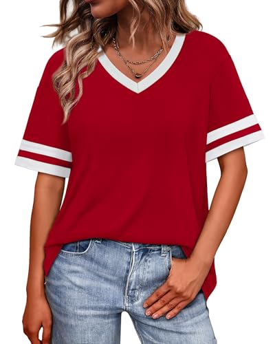 Short Sleeve Shirts for Women Plus Size Fashion Clothing Workout Tops for Women Trendy Spring Oversized Tshirts Womens Tops Dressy Casual Valentine Summer Outfits Cute Womens Clothes T Red XL