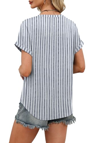 WIHOLL Womens Boho Tops 2026 Summer Short Sleeve Tshirts Shirts Spring Dressy Casual Blouses Airport Trendy Outfits L Blue Stripe