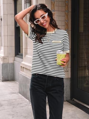 LILLUSORY Womens Spring Short Sleeve Sweater Shirts Tops Summer 2026 Cute Business Dressy Casual Teacher Trendy Outfits Clothes Blouse Work School Vacation Fashion Cotton Striped Apricot Black M