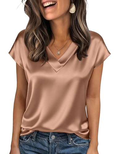 Zeagoo Ladies Tops and Blouses Summer Short Sleeve Shirts Business Casual Clothes V Neck Silk Satin Tshirts Light Coffee