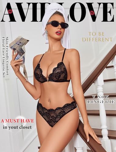 Avidlove Lingerie Sets for Women Sexy Lace Floral Bra Front Closure and Panty Set Wireless 2 Piece Underwear Outfits Black L