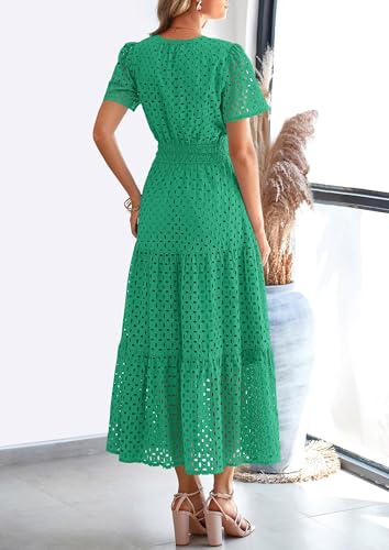 PRETTYGARDEN Womens 2025 Summer Maxi Dress Short Sleeve V Neck Hollow Out Eyelet A Line Long Flowy Beach Vacation Dresses (Green,Large)