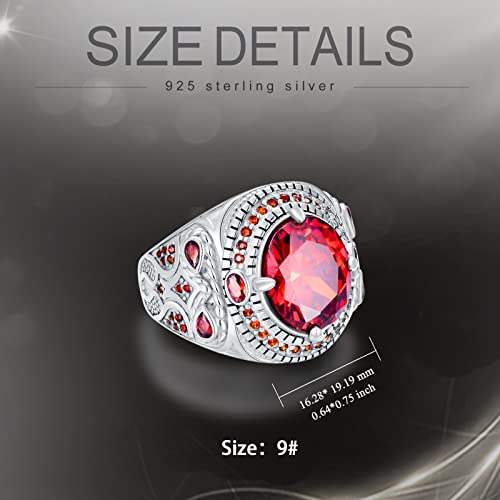 PYTALI Round Garnet Gemstone Ring for Men Sterling Silver Oxidized Men's Ring Vintage Retro Jewelry(9)