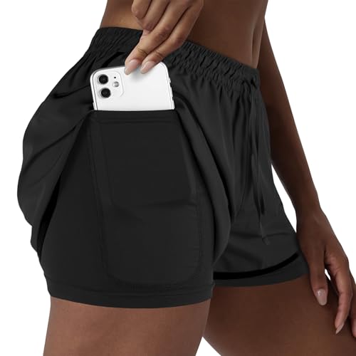 Yevrimow Women's 2 in 1 Running Shorts for Gym Yoga Workout Athletic Shorts High-Waisted Shorts with Liner Pockets Black-XXL