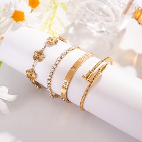 GIVCHO 18K Gold Plated Nail Love Bangle Bracelet Set for Women Stackable Floral Clover Adjustable Tennis Bracelet Non Tarnish Gift Jewelry for Christmas Valentines Birthday Mother's Day (Gold)