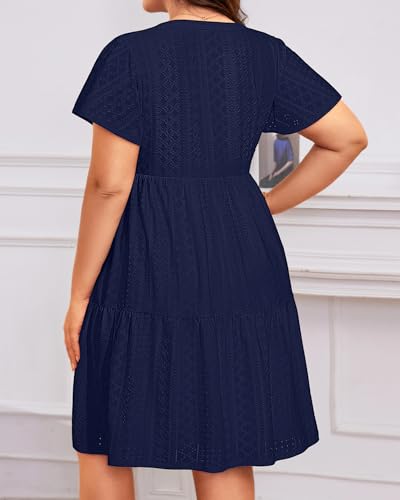 Talisea Navy Blue Dress for Women Plus Size Eyelet Summer Casual Beach Work Short Sleeve Ruffle Tiered Button Flowy Sundress