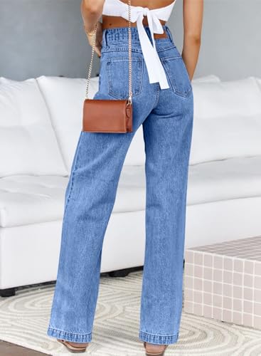 Sidefeel Women's Wide Leg Jeans High Waisted Straight Leg Stretchy Jeans Tummy Control Trendy Loose Ankle Denim Pants Sky Blue Size 14