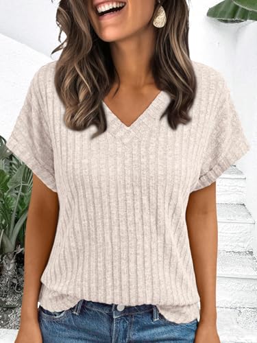 AUTOMET Womens Spring Tops 2026 Summer Dressy Casual Blouses Short Sleeve Cute V Neck Sweater Shirts Fashion Vacation Clothes Apricot XL