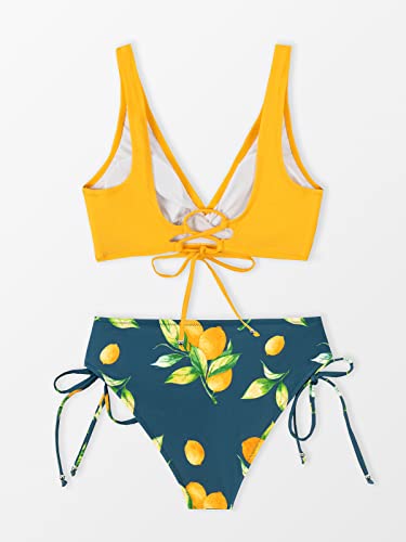 CUPSHE Women's Bikini Swimsuit Floral Print Tie Side Twist Front Two Piece Bathing Suit, L Yellow