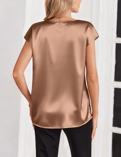 Zeagoo Ladies Tops and Blouses Summer Short Sleeve Shirts Business Casual Clothes V Neck Silk Satin Tshirts Light Coffee