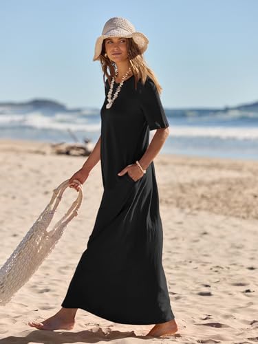 MEROKEETY Summer Spring Maxi Dresses for Women 2026 Casual Vacation Crew Neck Short Sleeve Long T Shirt Dress with Pockets, Black, X-Large