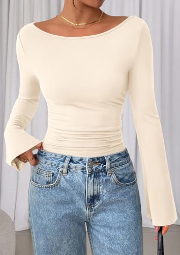 PRETTYGARDEN Womens Long Sleeve Shirts 2026 Spring Crop Going Out Tops Casual Boat Neck Bell Sleeve Ribbed Ruched Y2K Clothes (Beige,Medium)