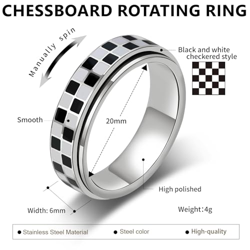Checkered Fidget Ring for Adults - 18K Gold Plated Stainless Steel Rotating Spinner Jewelry, Anxiety & Stress Relief Gift for Women/Men (Black and White Pattern) (Checkerboard Ring_Silver, size 9)