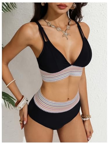 SOLY HUX Women's High Waisted Bikini Deep V Neck Two Piece Swimsuit Tummy Control Bathing Suits Swimwear Black Multi Medium