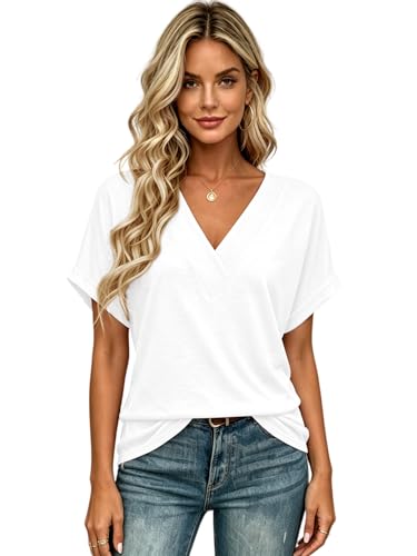 EyMuse T Shirts Short Sleeve V Neck Tees Womens Fashion Tops Loose Fit Lightweight Casual Summer Outfits Clothes 2026 White,XL