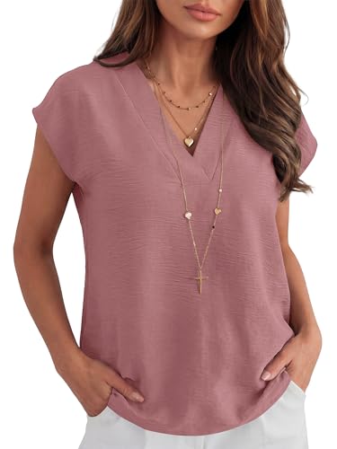 ANRABESS Women Tops Cap Sleeve Dressy Casual V Neck Shirts 2026 Summer Business Work Blouses Outfits Trendy Spring Clothing Dusty Rose Large