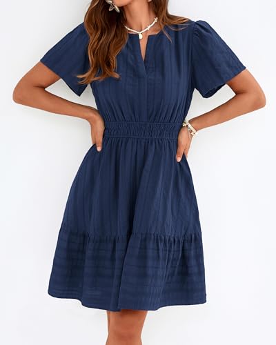 Womens Boho Mini Dress, Lightweight Cotton, V-Neck, Short Sleeve, Elastic Waist, Pockets – Navy Blue, Small