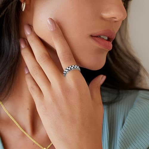 Checkered Fidget Ring for Adults - 18K Gold Plated Stainless Steel Rotating Spinner Jewelry, Anxiety & Stress Relief Gift for Women/Men (Black and White Pattern) (Checkerboard Ring_Silver, size 9)
