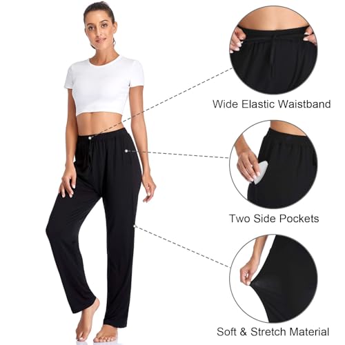 Envlon Women's Yoga Pants with Pockets Comfy Stretch Loose Wide Leg Casual Pants Breathable Running Workout Lounge Pants (Dark Grey, Large)