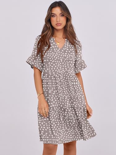 ANRABESS Women's Summer Casual Dress, V-Neck Ruffle Sleeve Tiered Mini Dress, Soft Comfy Fabric with Pockets for All-Day Wear Khaki Polka Dot Large