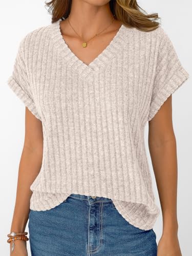 AUTOMET Womens Spring Tops 2026 Summer Dressy Casual Blouses Short Sleeve Cute V Neck Sweater Shirts Fashion Vacation Clothes Apricot XL