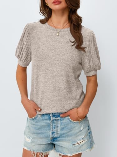 AUTOMET Womens Tops Summer Sweater Spring Tunic Dressy Casual Blouses Business Cute Trendy Short Sleeve Shirt 2026 Khaki XL