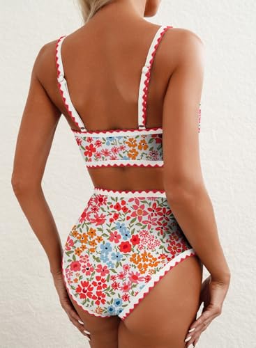 Herseas Bikini Sets for Women Floral Color Block Trim 2 Piece Swimsuits High Waisted Scoop Free Wire Sporty Bathing Suits Vintage Holiday Outfits 2026 Summer Pink Ditsy Medium