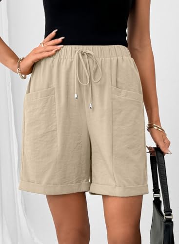 SHEWIN Women's Shorts Casual Bermuda Shorts for Women Lightweight High Waisted Knee Length Line Short Pants with Pockets,L,Apricot