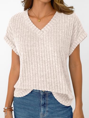 AUTOMET Womens Spring Tops 2026 Summer Dressy Casual Blouses Short Sleeve Cute V Neck Sweater Shirts Fashion Vacation Clothes Apricot M
