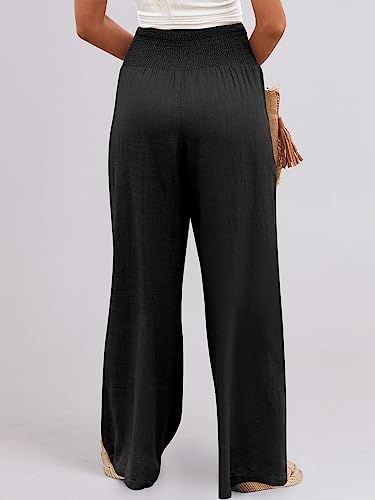 ANRABESS Women Linen Palazzo Pants Summer Boho Wide Leg High Waist Casual Lounge Pant 2026 Beach Travel Vacation Outfits Black Medium