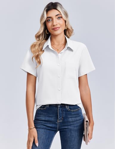 Zeagoo Blouses for Women Short Sleeve Tops Business Button Down Shirt Casual Vneck Work Outfits Dressy Collared Basic Clothes White