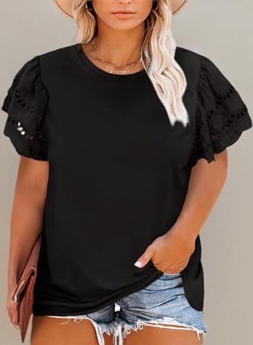 Eytino Womens Plus Size Hollow Out Ruffle Short Sleeve Crewneck Shirts Tops Summer Fashion Tees,3X Black