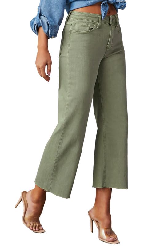 Allimy Women's High Waisted Straight Ankle Wide Leg Ripped Jeans Frayed Hem Stretchy Capri Denim Pants Olive Size 4
