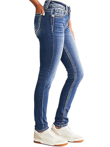 Flamingals Women's Butt Lifting Skinny Leg Jeans Stretchy Tummy Control Mid Rise Denim Jeans Deep Blue Denim L