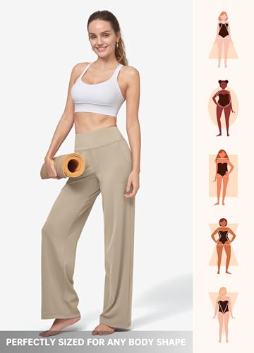 Willit Women's Yoga Pants Wide Leg Dress Work Pants Stretch Casual Pants Slacks with Pockets High Waist 30" Khaki M