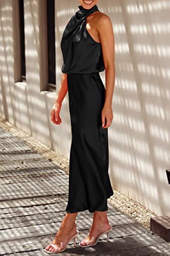 PRETTYGARDEN Women's 2025 Summer Satin Dress Elegant Sleeveless Mock Neck Cocktail Party Maxi Dresses (Black,Large)