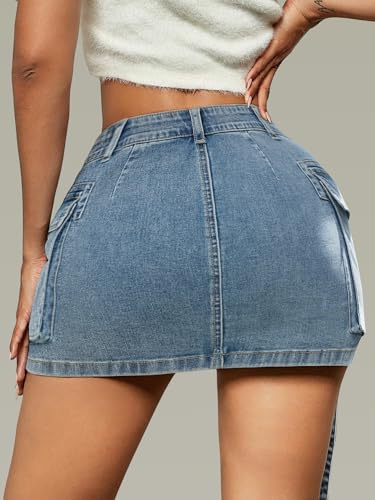 LOLILRSD Women Cargo Skirt Denim Mini Low Waist Y2K Jean Skirts with Pockets(LB,XL)