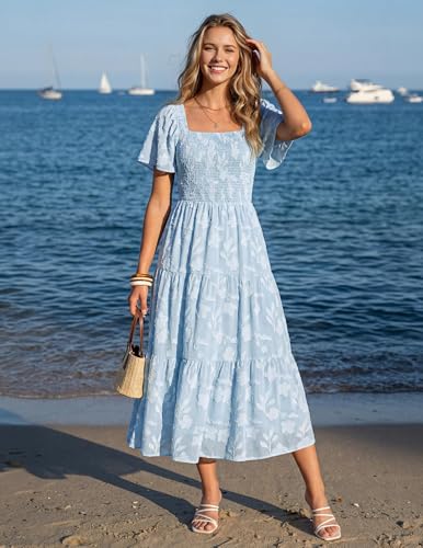ZESICA Womens Summer Boho Floral Midi Dress 2026 Casual Flowy Beach Vacation Wedding Guest Graduation Long Dresses Blue Medium
