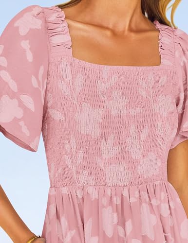 ZESICA Women‘s Summer Boho Floral Midi Dress 2026 Casual Short Sleeve Square Neck Flowy Beach Vacation Long Dress,Pink,Small