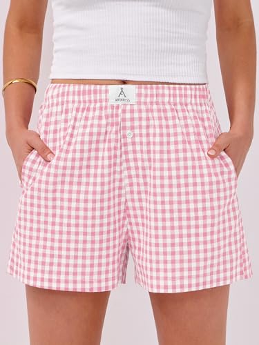 ANRABESS Boxer Shorts for Women Gingham Pajama 2026 Summer Casual Lounge Sleep Plaid Shorts Y2K Beach Bottoms Pink White Plaid Medium