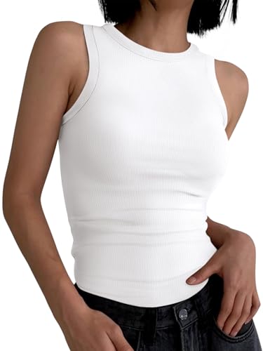 ANRABESS Womens Sleeveless High Neck Tank Tops Fashion Summer Casual Basic Slim Fit Ribbed Racerback Top Shirt Clothes White-L