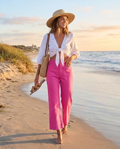Luvamia Hot Pink High Waisted Wide Leg Flare Jeans for Women, Size 12-14, Casual Jeans with Stretchy Denim Fabric, 26 Inch Inseam
