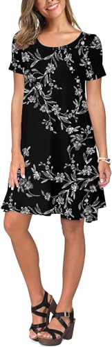REGAI Womens Summer Dresses Casual Loose Tshirt Crew Neck Floral Short Sleeve Flowy Pockets Sundresses, Floral Black, M