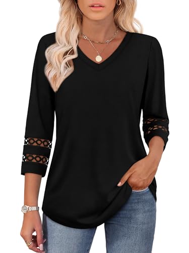 Blouses for Women Dressy Casual 3/4 Length Sleeve Womens Tops V Neck Tshirts Summer Beach Vacation Clothes Fashion Black L