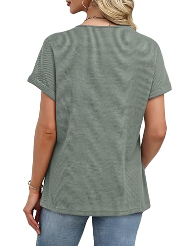 Plus Size Spring Clothes for Women Fashion Waffle Knit Short Sleeve Tops Summer Outfits Blouses Dressy Casual V Neck T Shirts Green XXL