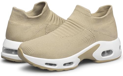 DOUSSPRT Womens Walking Shoes Sock Casual Ladies Fashion Sneakers Comfortable Slip On Air Cushion Platform YellowBrownWhite 8.5