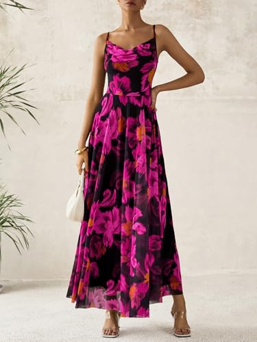 BTFBM Women Summer Floral Maxi Dresses Elegant Spaghetti Strap Dress Printed Party Dress Beach Long Dresses(Floral Black Rose Red,Large)