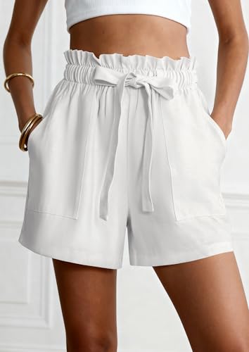 PRETTYGARDEN Summer Shorts for Women Casual Ruffle Drawstring High Waist Wide Leg Comfy Lounge Shorts Beach Vacation Cruise Outfits(White,M)