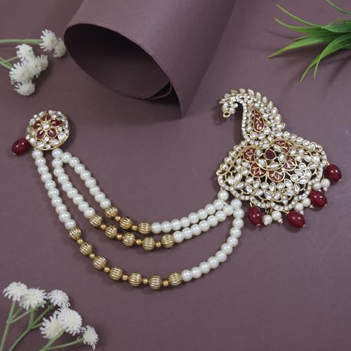 I Jewels Gold Plated Indian Wedding Bollywood Stone Pearl Work Safa Kalangi Brooch for Groom/Men/Dulha Pagadi (Style 4)