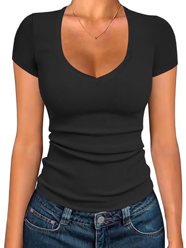 Albe Rita Women Short Sleeve T-Shirt Cap V Neck Shirts for Women Ribbed Casual Top Knit Slim Fit for Summer,Black, S